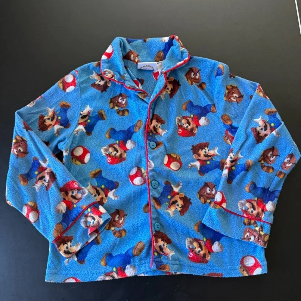 Super Mario Land Blue Fleece Pajama Top Kids Button Front Long Sleeve